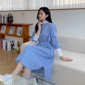 KM30204#新款韩版绑带条纹修身休闲时尚慵懒风中长款衬衫连衣裙
