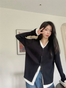 KM30785#大码女装韩版撞色长袖针织开衫百搭假两件上衣