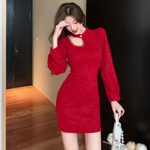 PS65333# 设计感小众镂空过年红色连衣裙女秋装新款收腰显瘦钉珠包臀裙子 服装批发女装服饰货源