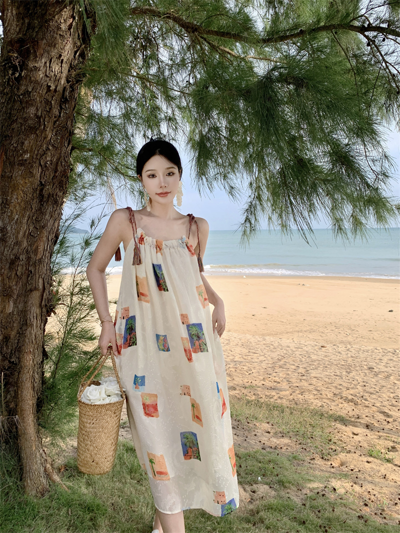 7838#實拍 椰椰樹夏 假日限定款手工七彩流蘇吊帶印花連衣裙女