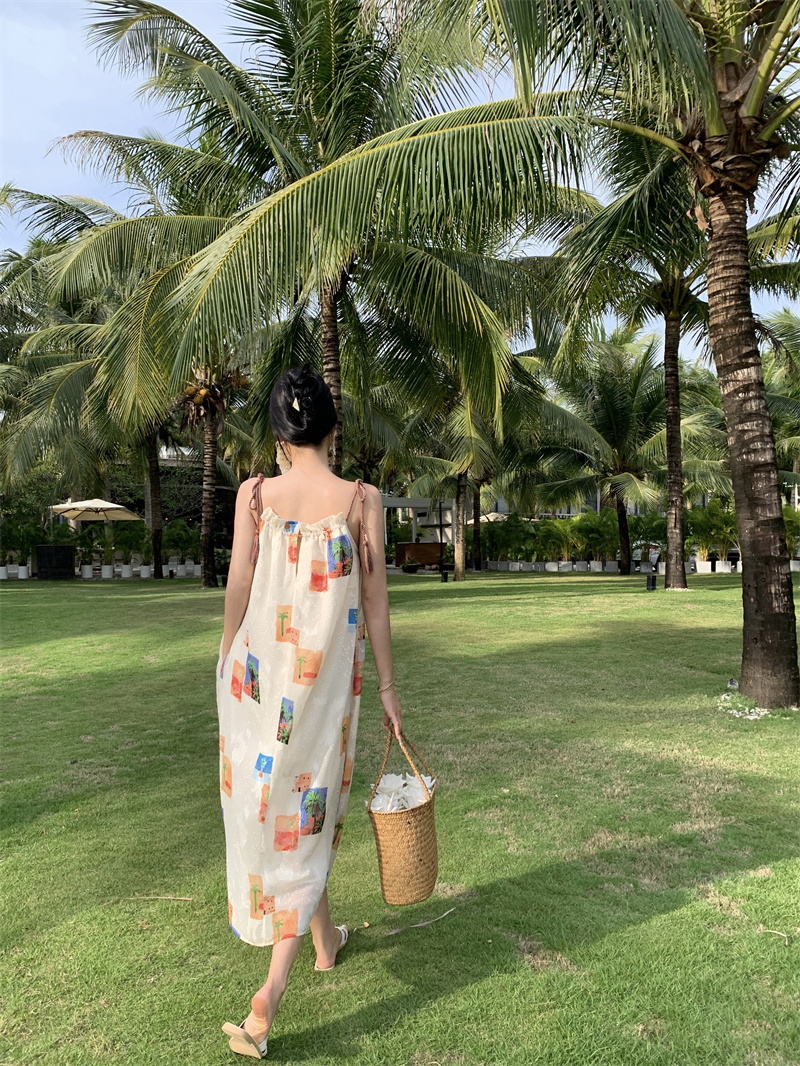 7838#實拍 椰椰樹夏 假日限定款手工七彩流蘇吊帶印花連衣裙女