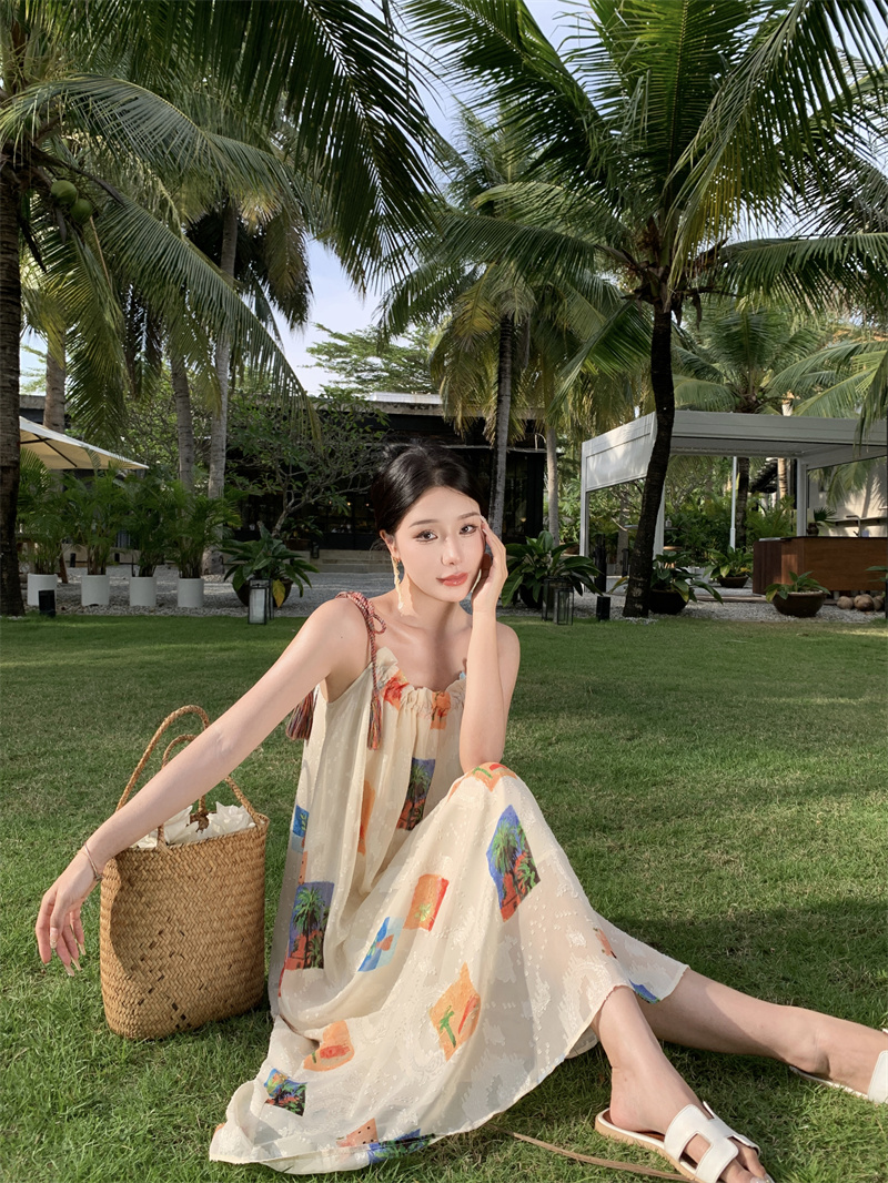 7838#實拍 椰椰樹夏 假日限定款手工七彩流蘇吊帶印花連衣裙女