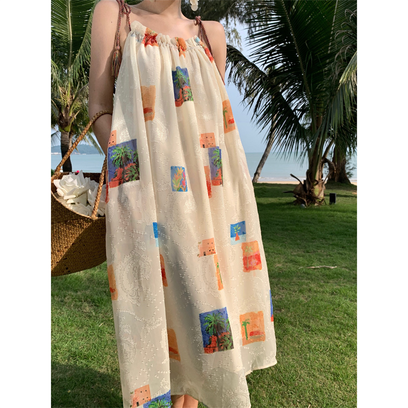 7838#實拍 椰椰樹夏 假日限定款手工七彩流蘇吊帶印花連衣裙女