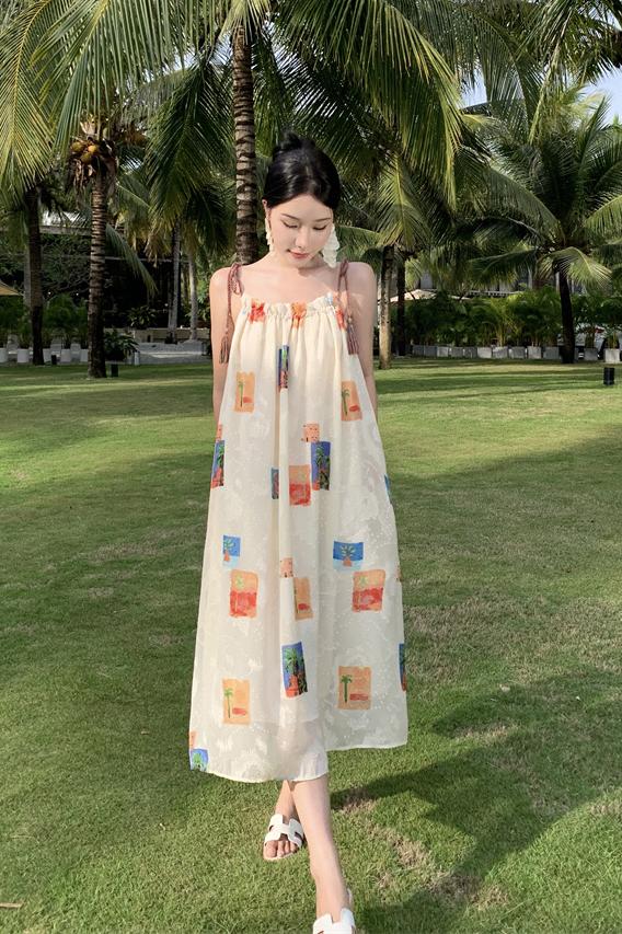7838#實拍 椰椰樹夏 假日限定款手工七彩流蘇吊帶印花連衣裙女