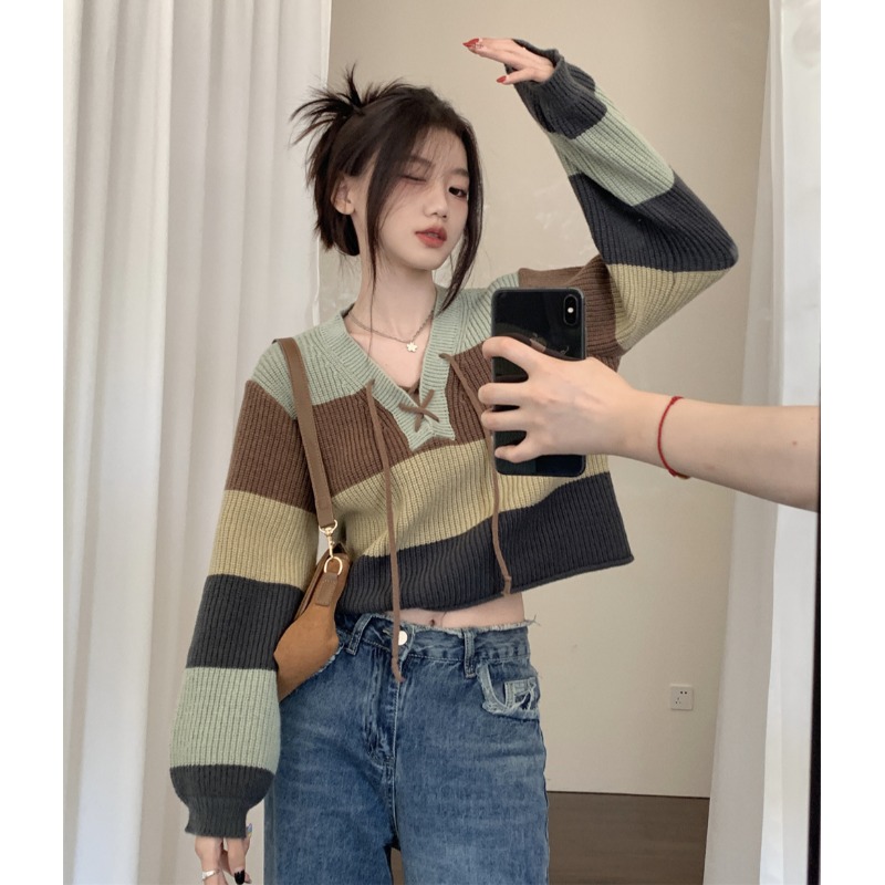 New lazy style striped contrast color V-neck sweater women's top loose slimming age reducing all-match sweater