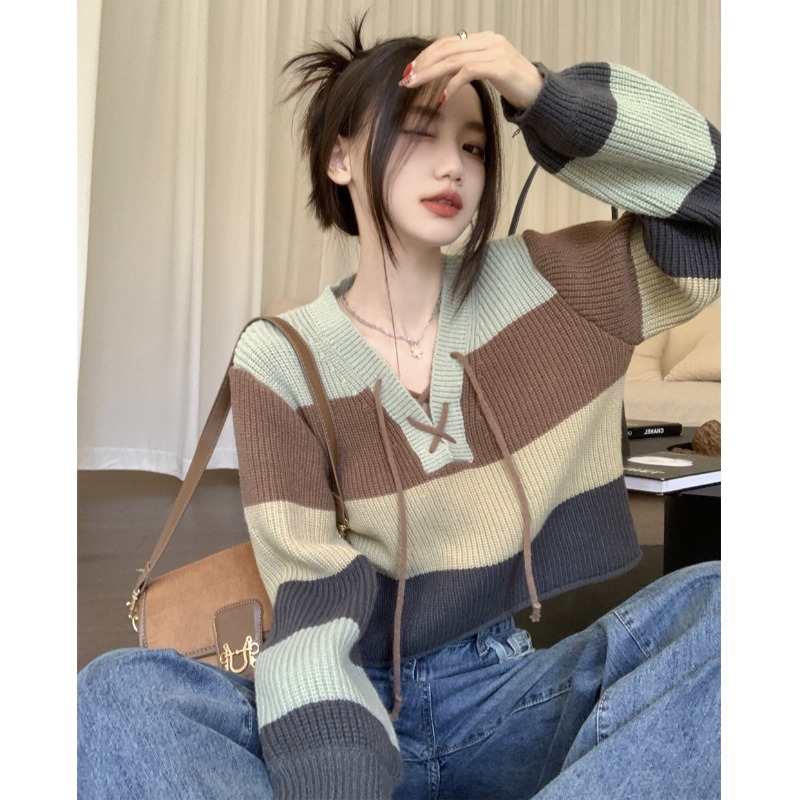 New lazy style striped contrast color V-neck sweater women's top loose slimming age reducing all-match sweater