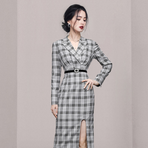 RM2257#新款时尚气质格子职业装西装优雅v领修身显瘦包臀连衣裙