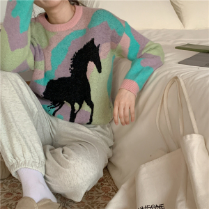 MY3858#撞色设计感套头针织衫时尚韩版复古优雅女毛衣