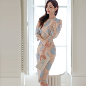 TR11151# 春季新款韩版气质修身中长款蕾丝拼接时尚打底连衣裙女 服装批发女装服饰货源