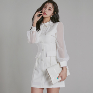 RM2835#新款韩版气质修身显瘦拼接衬衫领时尚单排扣连衣裙