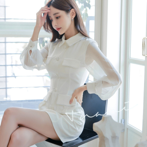 RM2835#新款韩版气质修身显瘦拼接衬衫领时尚单排扣连衣裙
