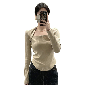PS66011# 罗纹德绒假两件长袖薄T恤女磨毛薄绒 服装批发女装服饰货源