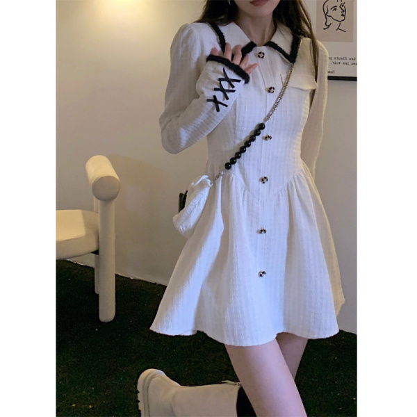 MY3885#面料气质小香风连衣裙女秋冬季新款翻领高级感收腰短裙子