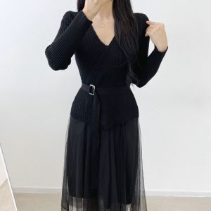 PS67610# chic法式设计款系带针织衫+吊带网纱裙两件套装 服装批发女装服饰货源