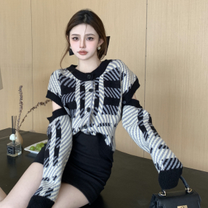 MY3946#韩版复古格纹长袖针织衫女开衫圆领毛衣外套