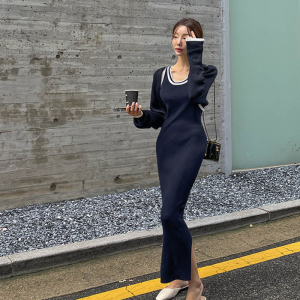 TR10013# 韩国东大门新款时髦长袖开衫修身显瘦长款针织连衣裙两件套装女 服装批发女装服饰货源