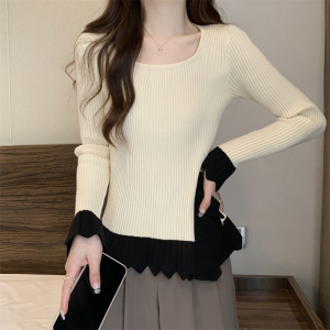 KM30091#洋气显瘦不规则拼接撞色优雅法式方领针织衫女毛衣