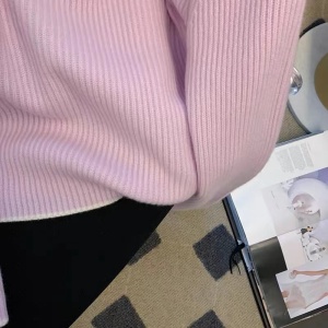 KM30221#粉紫色大翻领拉链毛衣女秋季2022时尚甜美洋气短款套头针织衫