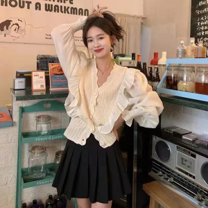 KM30917#韩系荷叶边拼接V领衬衫新款法式洋气设计感收腰长袖上衣女装