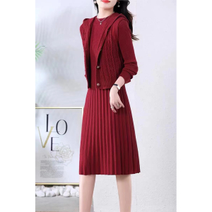 KM30777#优雅气质针织马甲+连衣裙两件套套装女秋季2022新款时尚韩版洋气