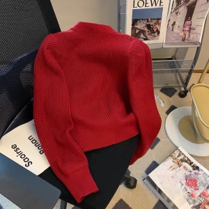 KM30223#高级感红色V领毛衣开衫女秋2022新款时尚名媛气质小香风针织外套