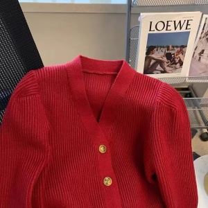 KM30223#高级感红色V领毛衣开衫女秋2022新款时尚名媛气质小香风针织外套