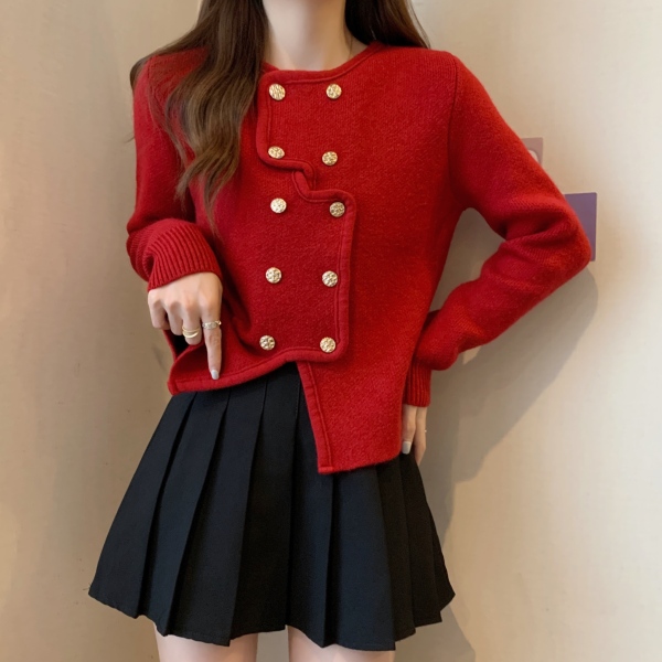 KM30492#新款小香风红色毛衣开衫短款法式高级感圆领针织外套