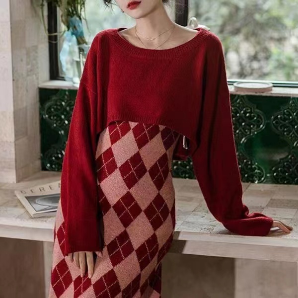 KM30761#高级感港风套装女法式复古时尚气质奶甜针织毛衣裙子两件套秋冬...