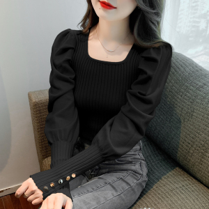 KM30907#韩版套头方领泡泡袖修身打底衫针织衫上衣