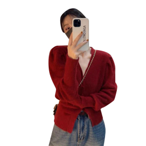KM30935#慵懒风复古日系高级感秋冬季2022新款爆款红色毛衣针织开衫外套女