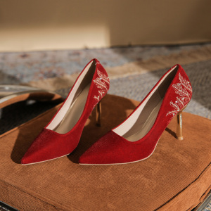 X-28889# 高跟鞋女年新款气质红色细跟尖头性感浅口礼服宴会单鞋 鞋子批发女鞋直播货源