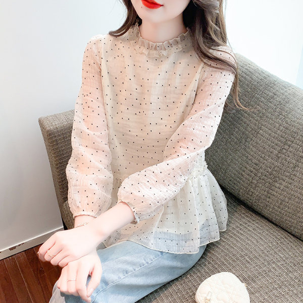 RM2151#蕾丝衫/雪纺衫韩版甜美淑女灯笼袖超修身波点