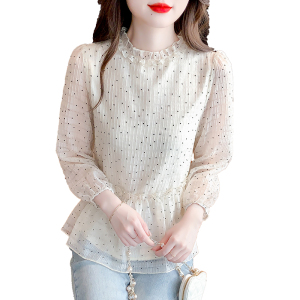 RM2151#蕾丝衫/雪纺衫韩版甜美淑女灯笼袖超修身波点