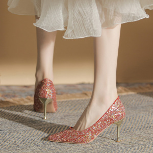 X-28902# 小众婚鞋新娘鞋年新款时尚红色高跟鞋秀禾结婚两穿 鞋子批发女鞋直播货源