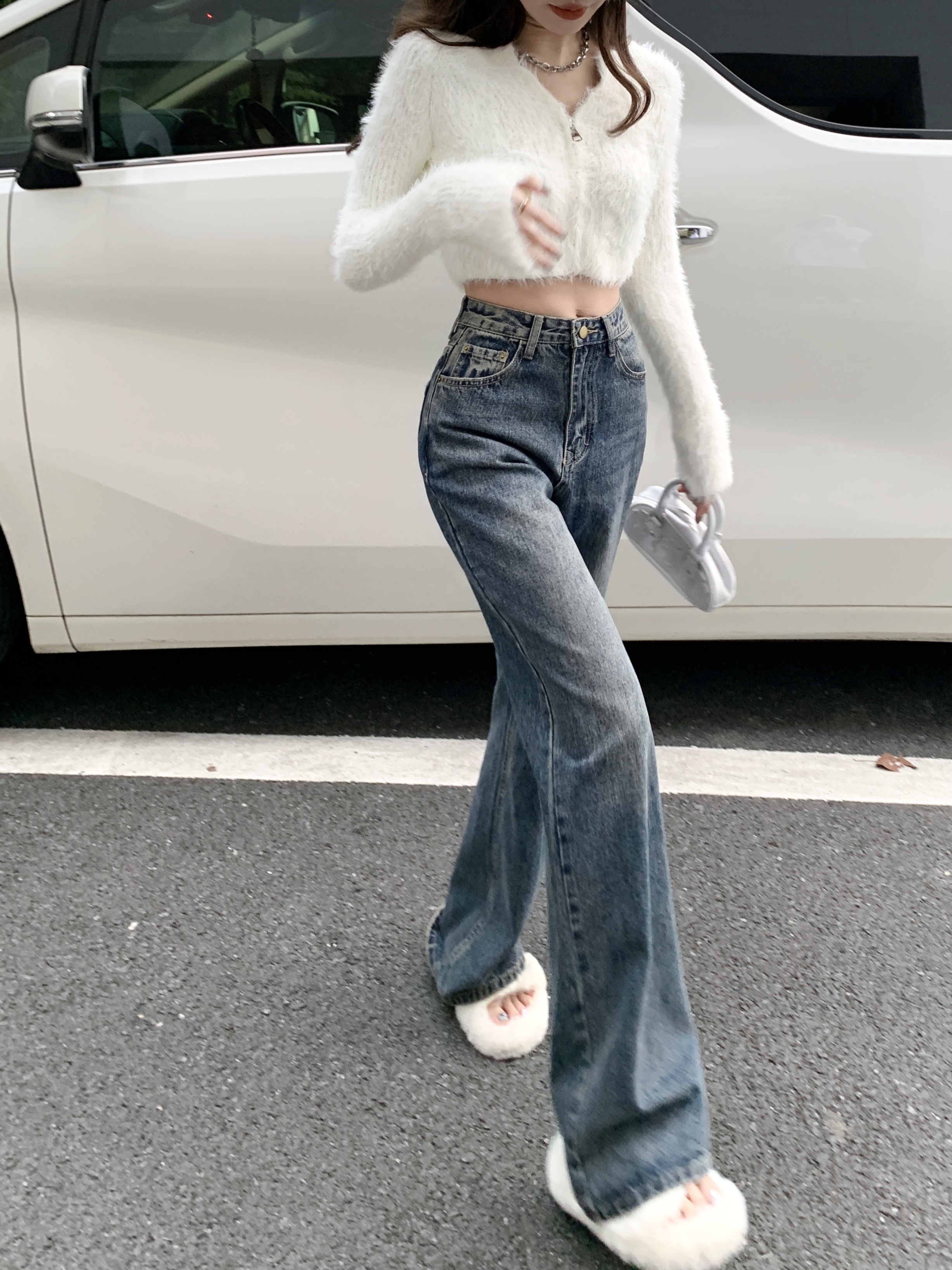 The design is okay high street straight wide leg pants blue loose casual jeans floor mopping pants for women