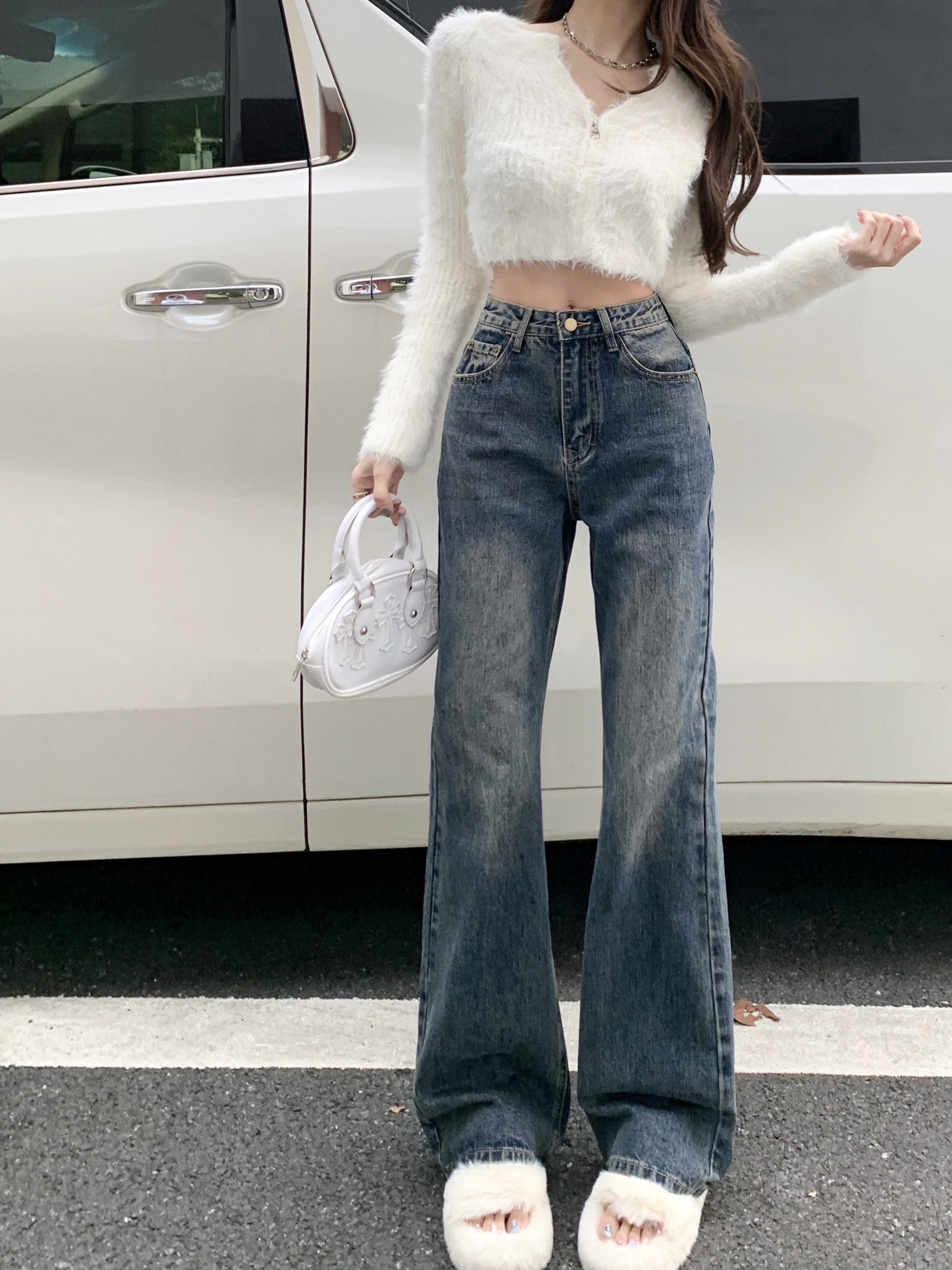 The design is okay high street straight wide leg pants blue loose casual jeans floor mopping pants for women