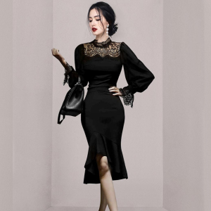 RM336#韩版时尚气质蕾丝半高领修身显瘦灯笼袖鱼尾连衣裙