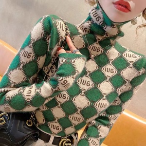 KM30395#绿色菱格高领毛衣女打底衫时髦时尚洋气2022年新款秋冬爆款内搭