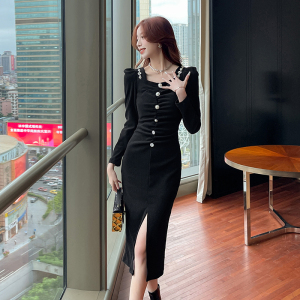 PS68455# 赫本风法式复古黑色高端钉珠连衣裙修身气质小黑裙早春 服装批发女装服饰货源