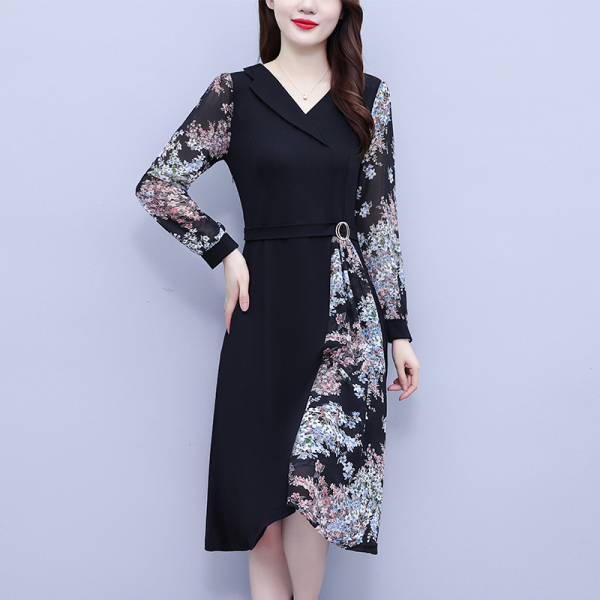 RM5073#大码女装连衣裙2023年早春新款潮减龄显瘦赫本风黑色修身遮肚