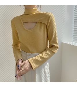 PS68051# 韩版修身显瘦半高领小心机镂空加厚打底长袖T恤 服装批发女装直播货源