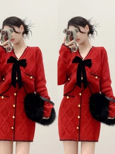KM30396#新年套装裙女秋冬季新款小香风高级感气质名媛针织两件套