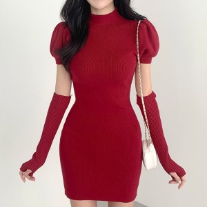 PS68741# 韩版INS衣设计感泡泡袖连衣裙配手袖 服装批发女装直播货源