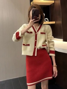 KM30397#搭配一整套小个子网红富家千金气质名媛小香风针织毛衣套装裙