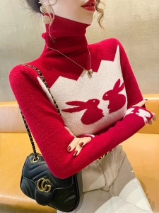 KM30398#红色新年兔子高领毛衣女加厚打底衫时髦洋气2022年新款冬季内搭