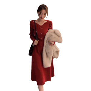 KM30936#法式针织毛衣裙高级感女装秋冬新款气质打底内搭性感红色连衣裙子