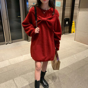 KM30481#日系设计感小众红色毛衣外穿女蝴蝶结露肩气质上衣针织衫中长款