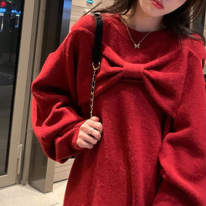 KM30481#日系设计感小众红色毛衣外穿女蝴蝶结露肩气质上衣针织衫中长款