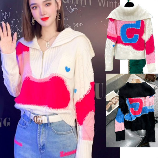 KM30466#时尚针织毛衣女韩版设计感拼色个性针织衫