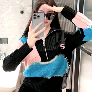 KM30466#时尚针织毛衣女韩版设计感拼色个性针织衫
